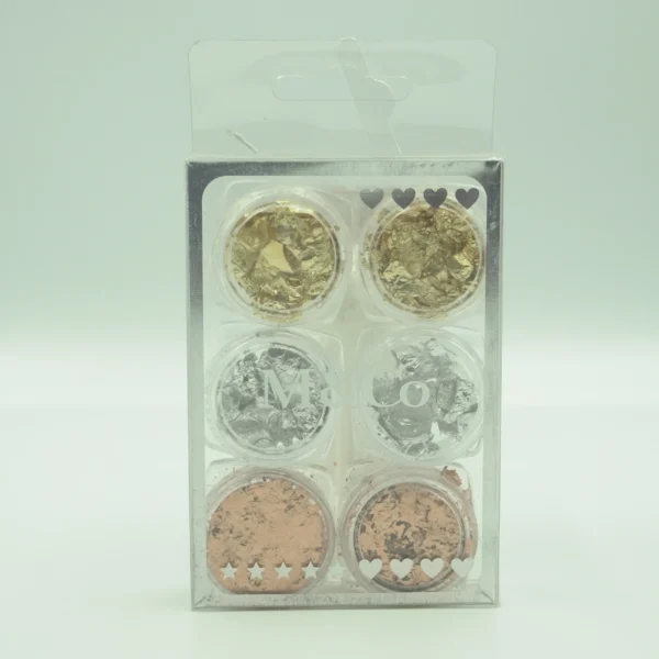 Efecto Hoja de Oro, Plata y Cobre para Decoración de Uñas 06 pzas 3 Presentaciones Diferentes